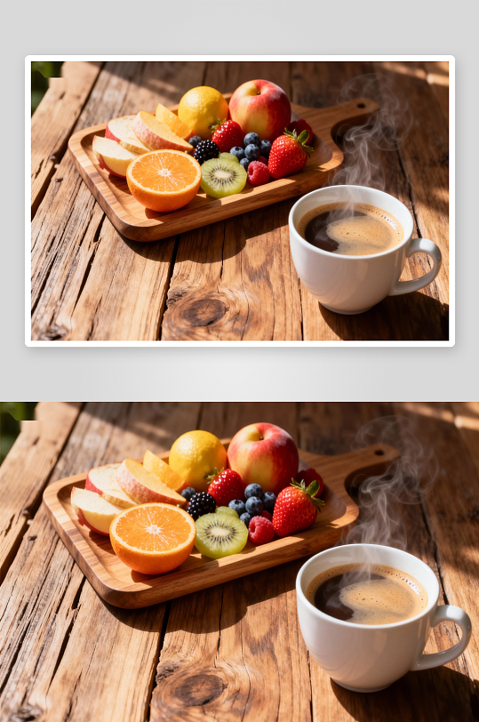 木质桌上的咖啡与水果拼盘-众图网