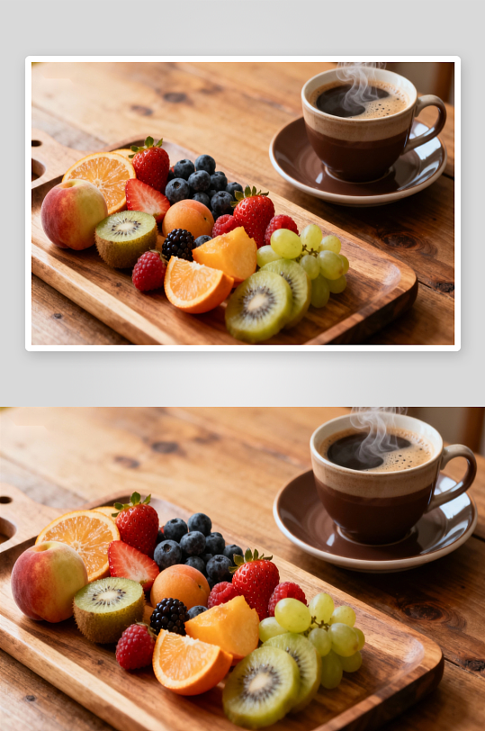 木质桌上的水果拼盘与咖啡-众图网