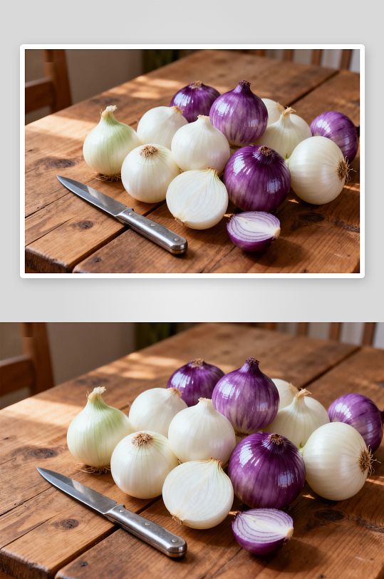木质桌上的洋葱与刀具-众图网