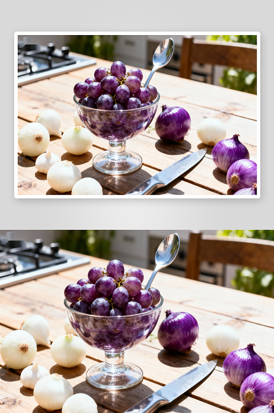 木质桌上的葡萄洋葱静物-众图网
