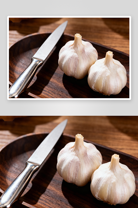 木质盘中两颗大蒜与刀具-众图网