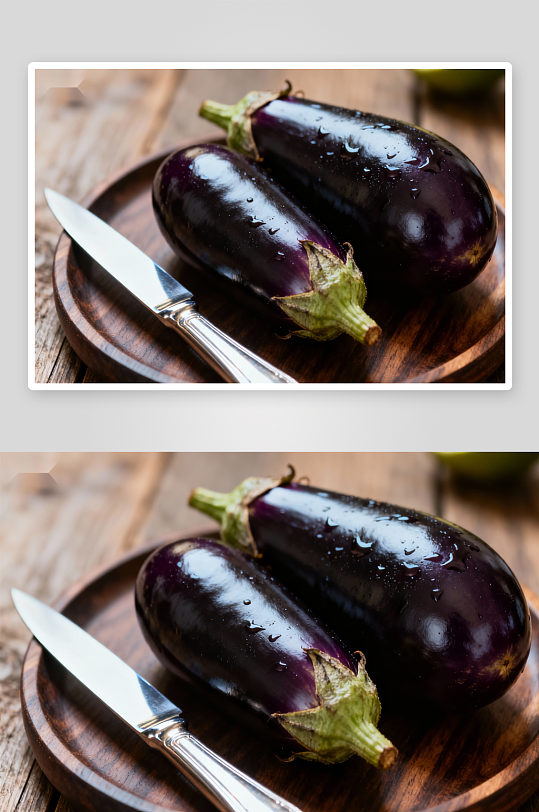 木质盘中紫茄子与刀具特写-众图网
