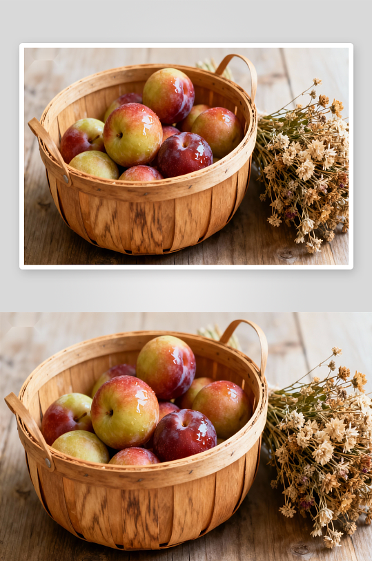 木质篮子装满李子旁有干花-众图网