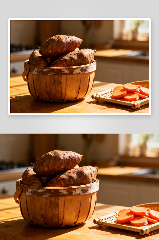木质篮子装红薯切片摆拍-众图网