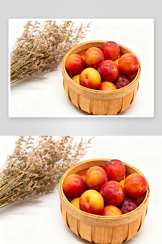 木质篮装李子配干花-众图网