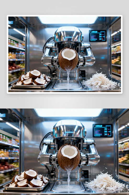 机器人切椰子制作椰奶与椰丝-众图网