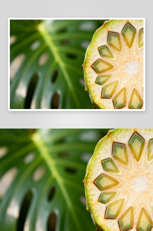 果实切面与绿叶特写-众图网