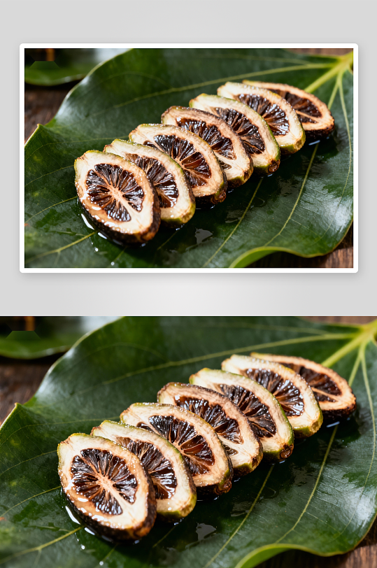 柠檬切片置于绿叶之上-众图网