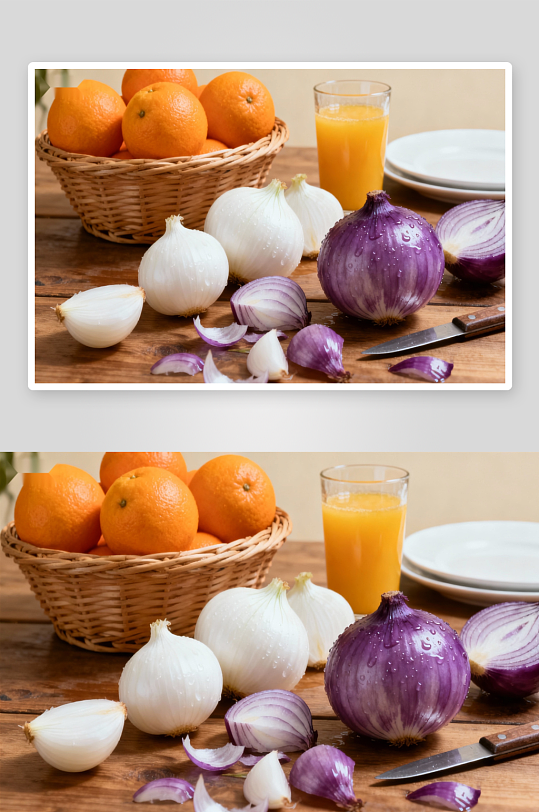 桌上摆放的洋葱与橙子-众图网
