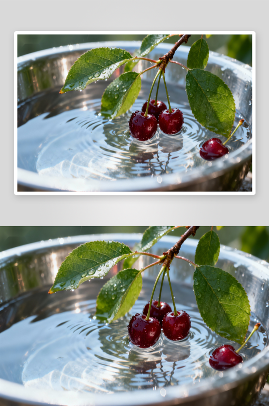 樱桃入水滴露珠照片摄影-众图网