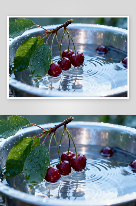 樱桃枝浸水绿叶滴露-众图网