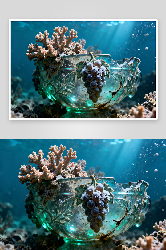 水下古碗与珊瑚共生景象-众图网