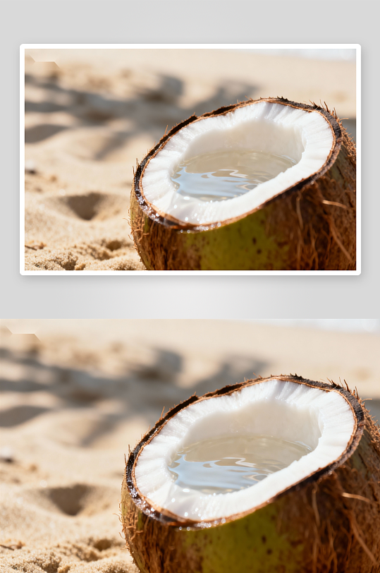沙滩椰子半壳盛水-众图网