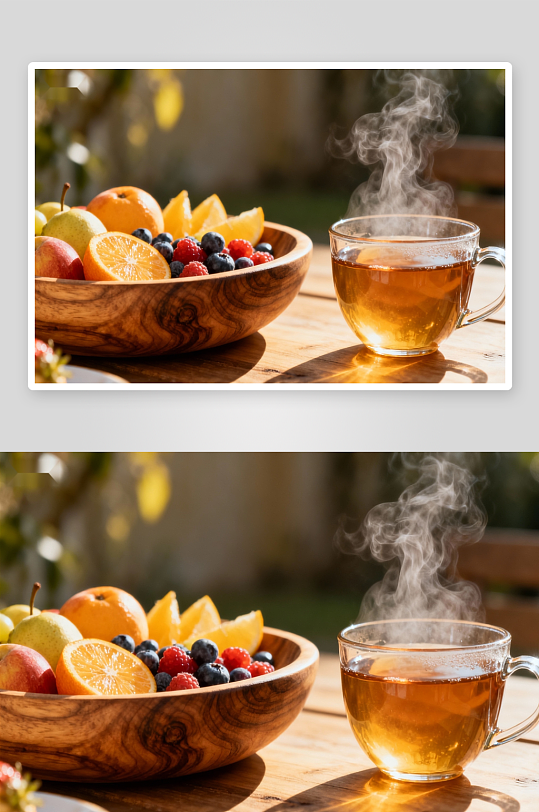 热茶与水果木碗的静谧午后-众图网