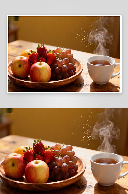 热茶与水果盘的温馨早餐-众图网