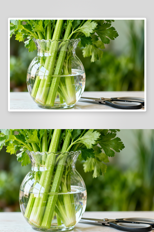 玻璃瓶芹菜水培剪刀静物-众图网