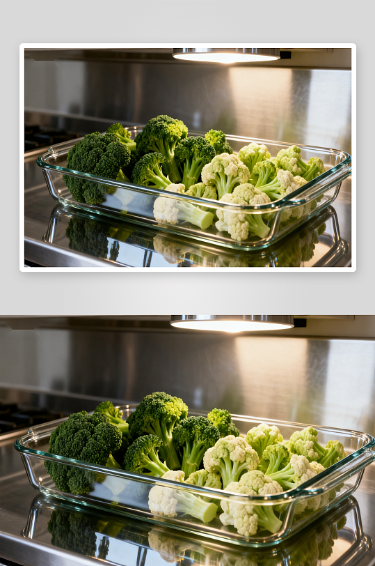 玻璃盘中摆放的西兰花和菜花-众图网