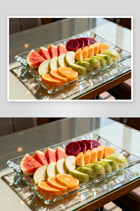 玻璃盘盛水果拼盘色彩鲜艳-众图网