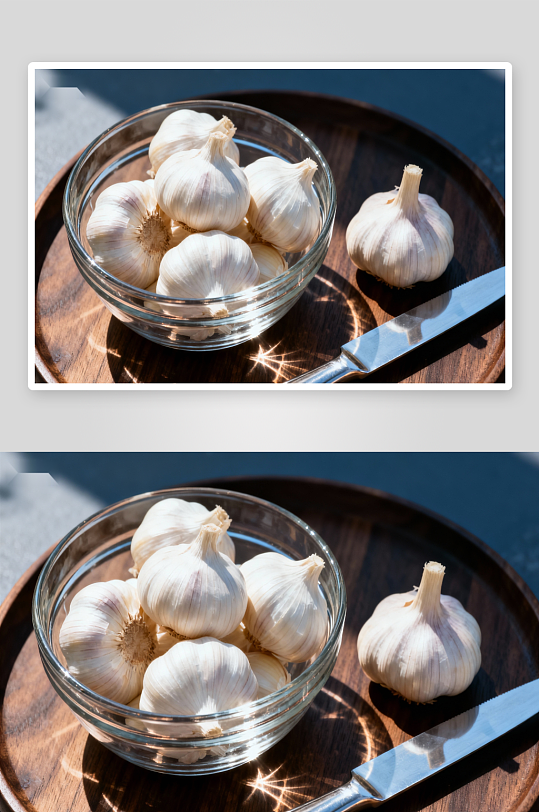 玻璃碗中大蒜与刀具静物-众图网