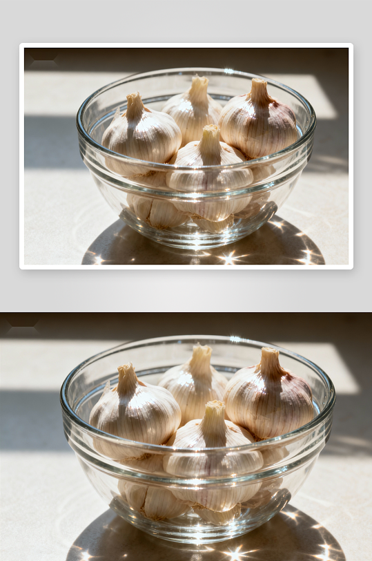 玻璃碗中摆放的几颗大蒜-众图网