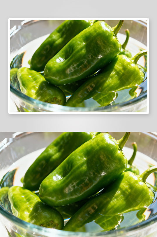 玻璃碗中新鲜青椒浸泡水中-众图网