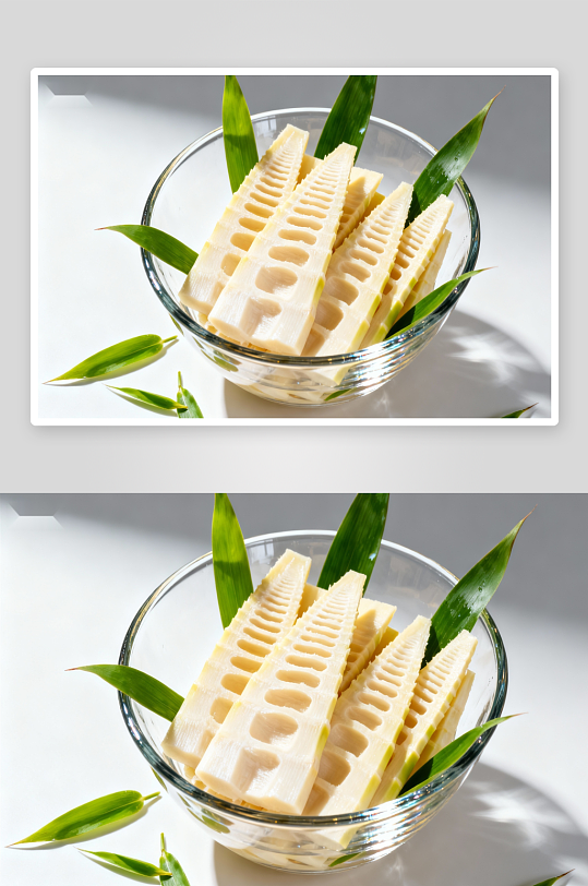 玻璃碗中竹笋与绿叶-众图网