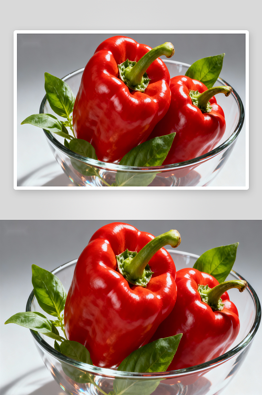 玻璃碗中红椒与绿叶-众图网