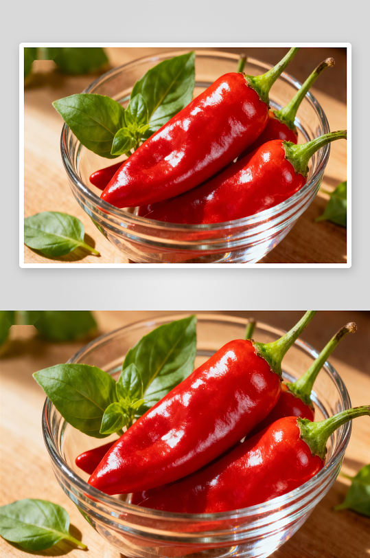 玻璃碗中红辣椒与绿叶-众图网