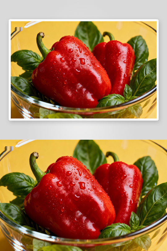 玻璃碗中鲜红甜椒与绿叶-众图网