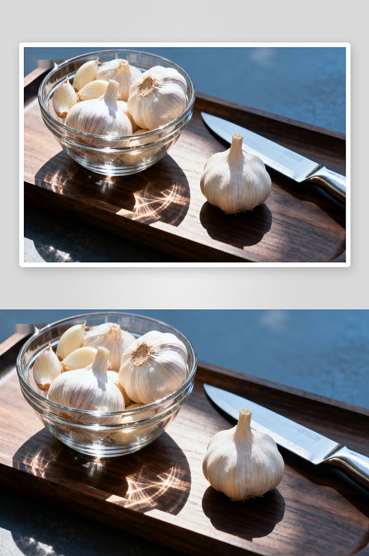 玻璃碗装大蒜与刀具-众图网