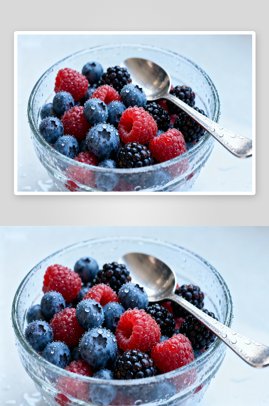 玻璃碗装新鲜浆果配勺子-众图网