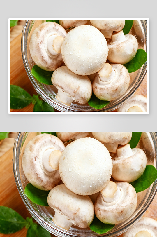 玻璃碗装新鲜蘑菇与绿叶-众图网