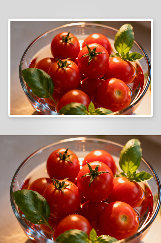 玻璃碗装樱桃番茄与罗勒叶-众图网