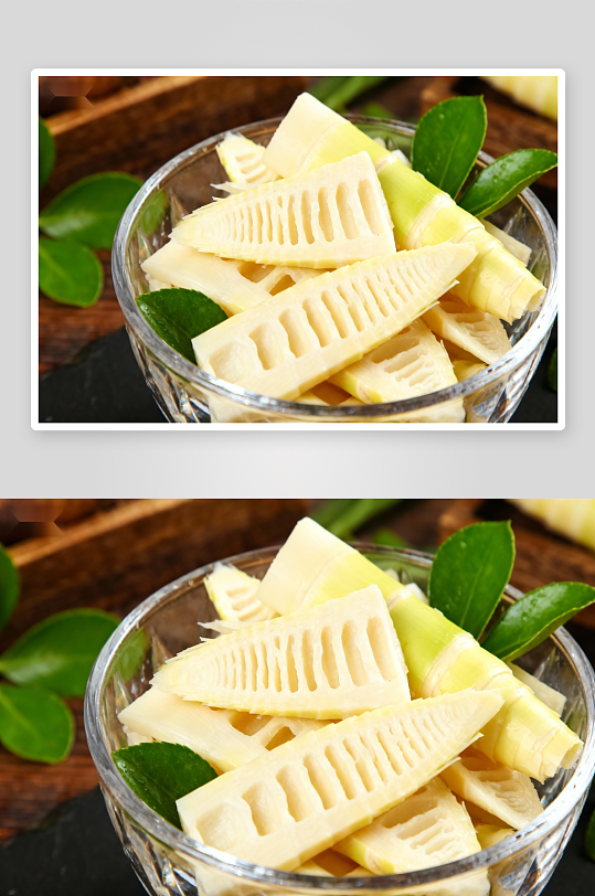 玻璃碗装竹笋切片配绿叶-众图网