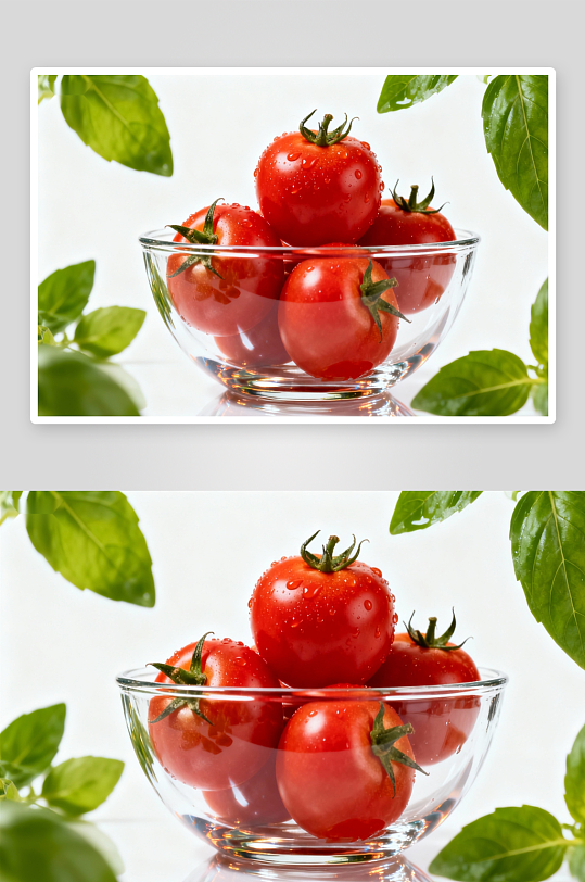 玻璃碗装鲜红番茄配绿叶-众图网
