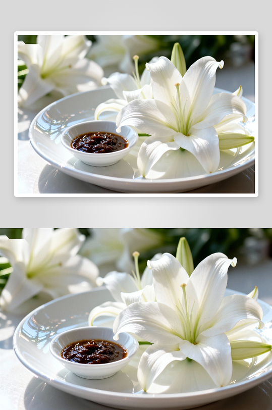 白百合与酱料的静物摆拍-众图网