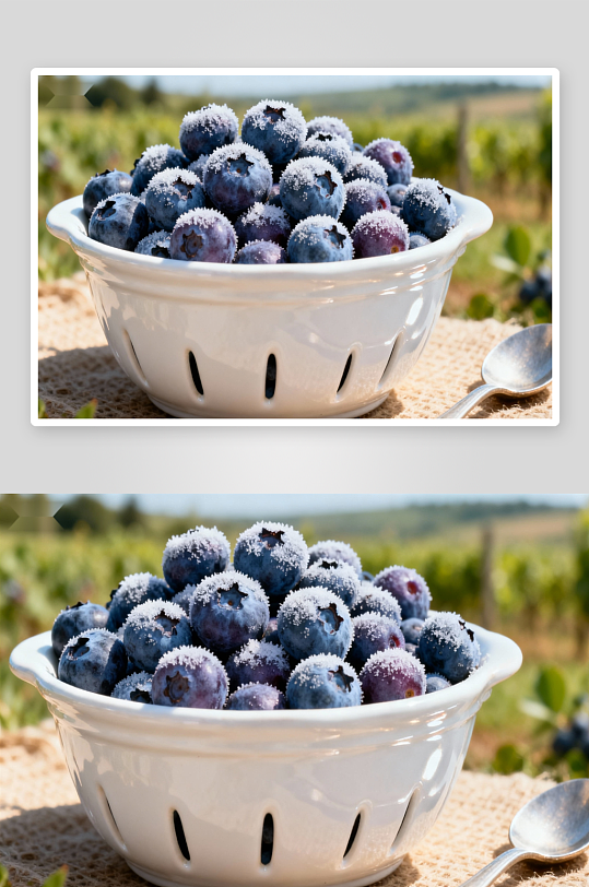 白碗蓝莓糖霜点缀田园风光-众图网