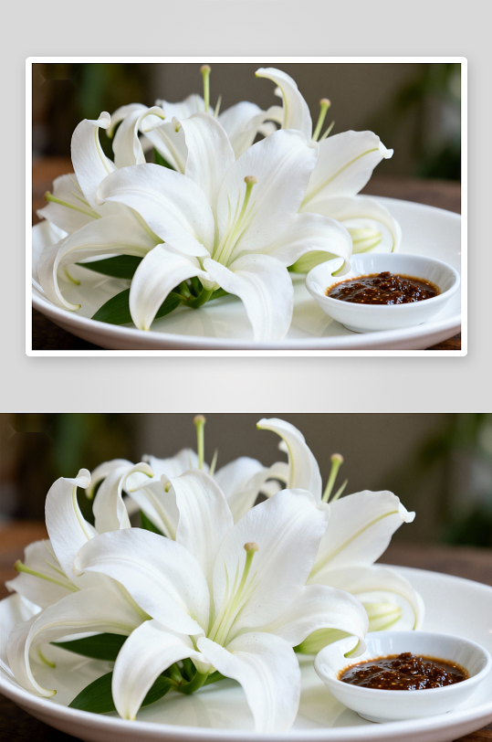 白色百合与酱料摆盘-众图网