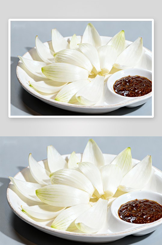 白色花瓣状食物配酱料-众图网