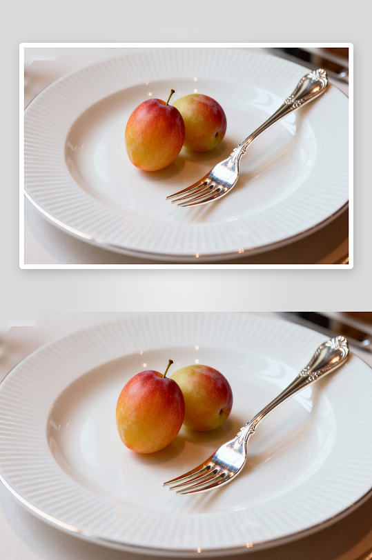盘中两颗水果与银叉静物-众图网