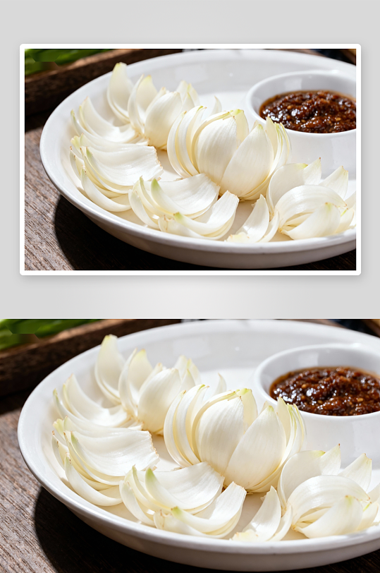 盘中摆放的洋葱与蘸料-众图网