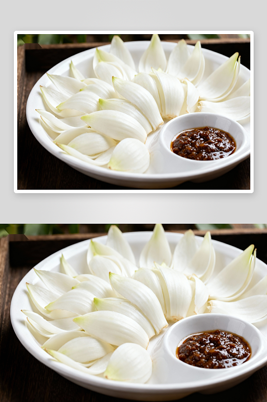 盘中摆放的白色花瓣状食物-众图网