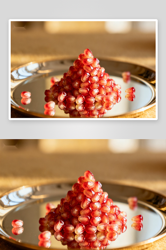 石榴籽堆叠在金色盘中-众图网