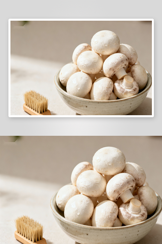 碗装蘑菇旁的木质刷子-众图网