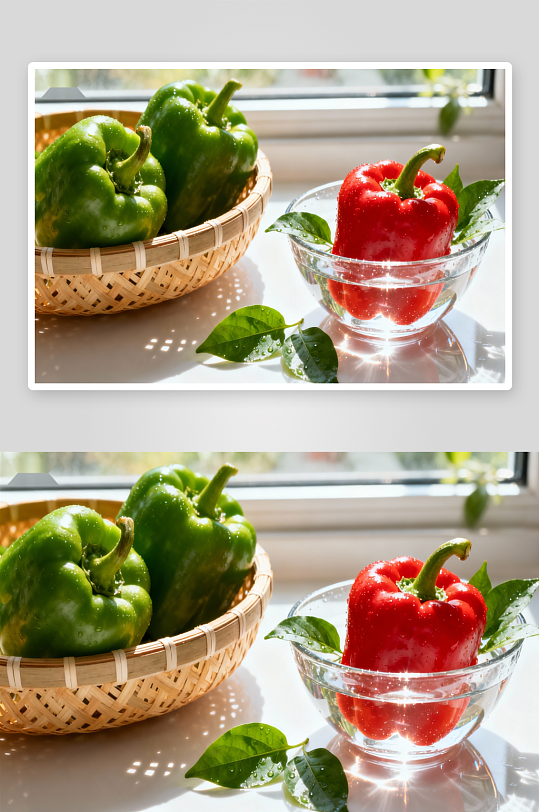 窗台新鲜彩椒与绿叶-众图网