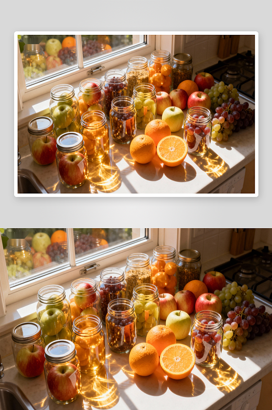 窗台水果罐头阳光照射-众图网