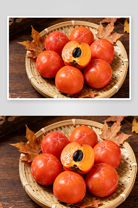 竹篮柿子秋叶摆拍-众图网