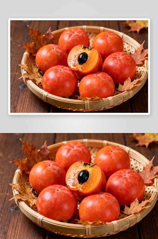 竹篮柿子秋叶摆盘-众图网