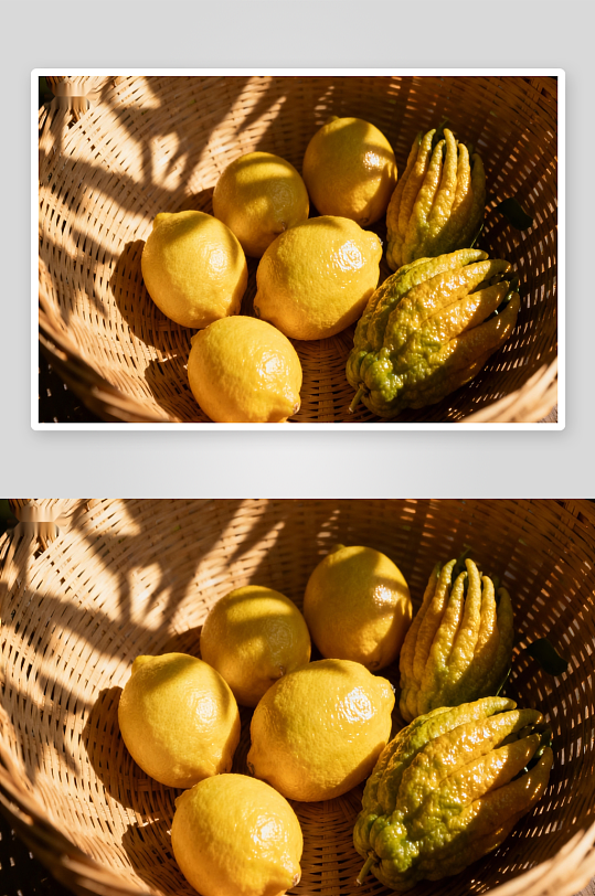 竹篮盛放柠檬与佛手柑-众图网