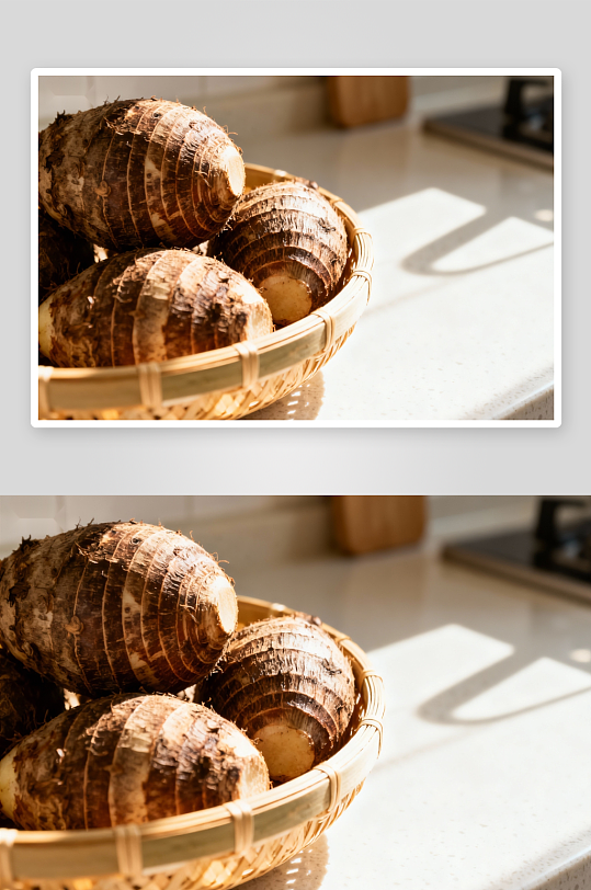 竹篮盛放芋头厨房一角-众图网